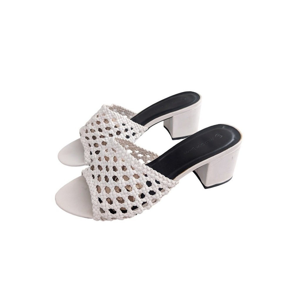 Boutique Resortwear Boho Chic White Mesh Leather Slip on Block Heel Sandals